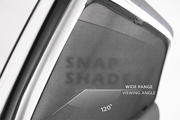 Car window screen with 'Snap Shade' branding and text indicating wide range viewing angle.