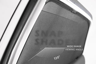 Car window screen with 'Snap Shade' branding and text indicating wide range viewing angle.