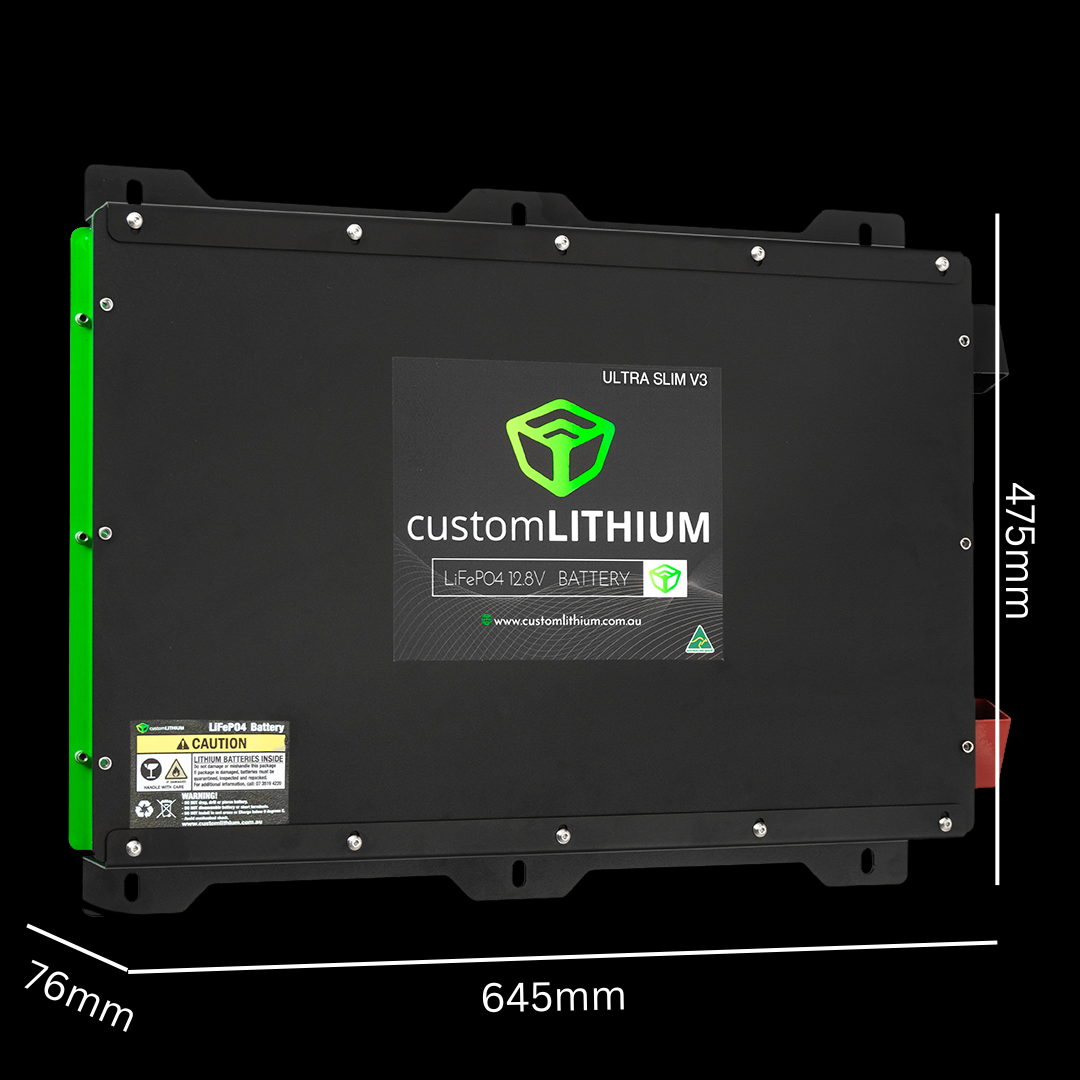 Custom Lithium Next Generation 230Ah Ultra Slim Lithium Battery dimensions — 645mm × 475mm × 76mm overall