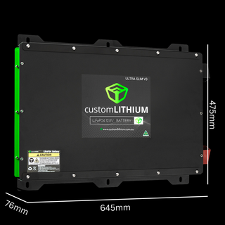 Custom Lithium Next Generation 230Ah Ultra Slim Lithium Battery dimensions — 645mm × 475mm × 76mm overall