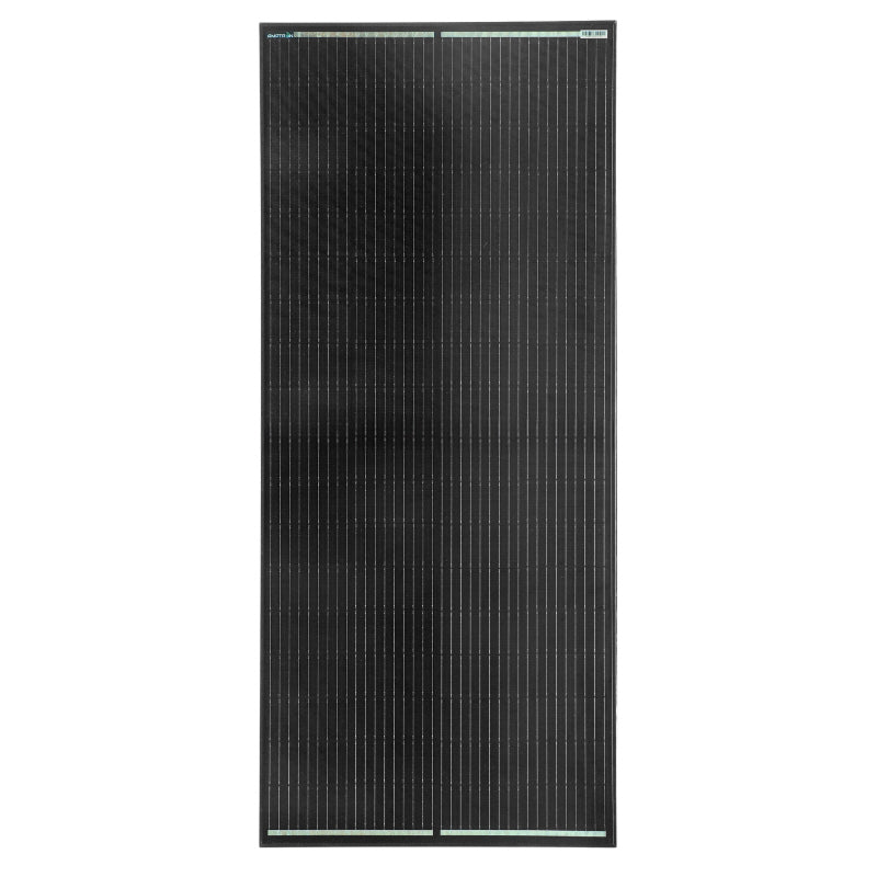 Front face of the high-voltage 200W half-cut mono panel in its 35mm black aluminium frame, the cells and busbars filling the glass