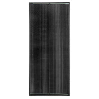 Front face of the high-voltage 200W half-cut mono panel in its 35mm black aluminium frame, the cells and busbars filling the glass
