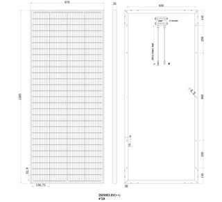 Dimension drawing of the high-voltage 200W panel: 1585mm tall by 670mm wide by 35mm thick, mounting holes 630mm apart across the frame with 140mm, 250mm, 805mm, 250mm and 140mm spacings down the back, a 900mm lead of 4.0 square millimetre cable from the junction box, cell size 158.75 by 52.9mm in a 4 by 28 layout, and 200W at 63.8V marked below