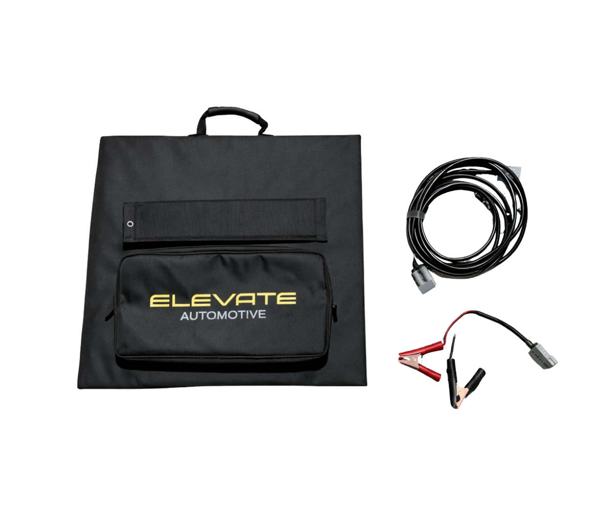 Foldable solar panel on a grassy background with 'Elevate Automotive' branding, jump leads, and cable on a white background