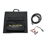 Foldable solar panel on a grassy background with 'Elevate Automotive' branding, jump leads, and cable on a white background