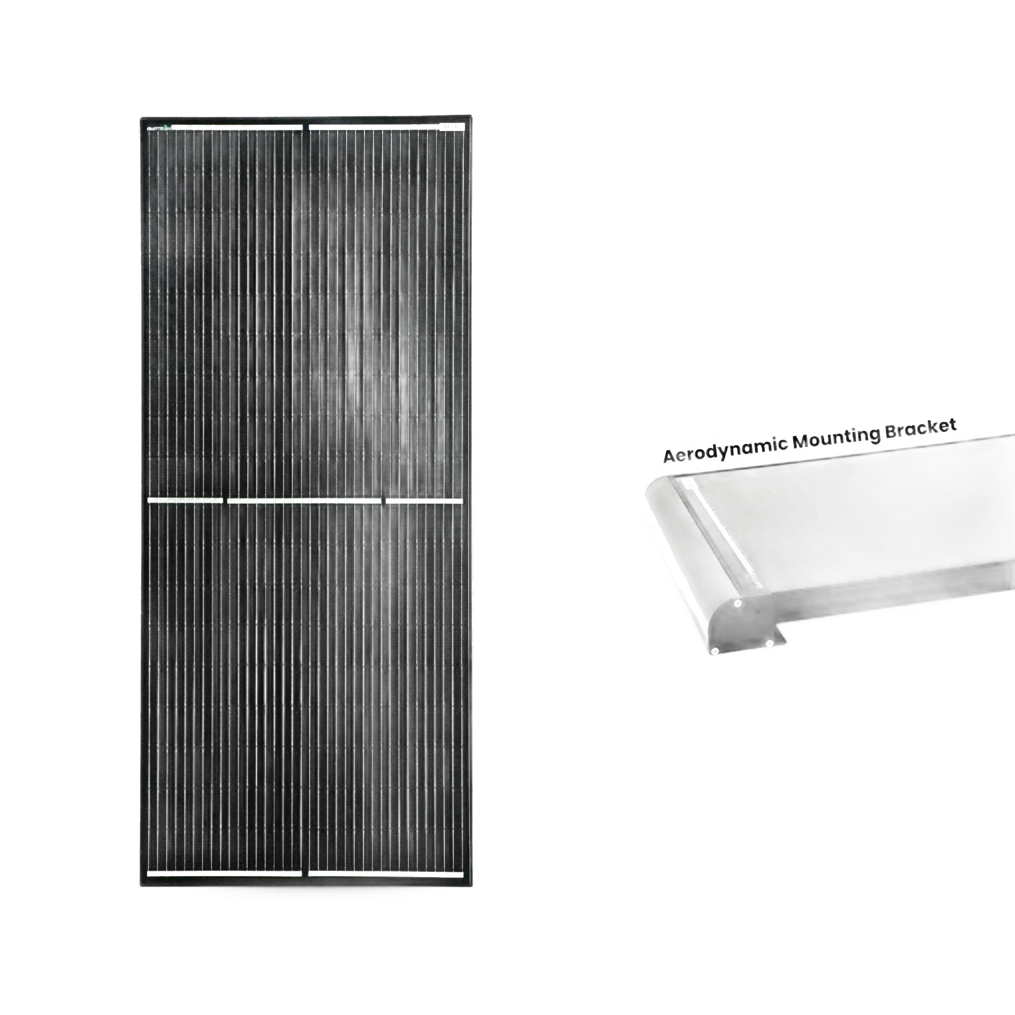 The 200W panel beside a cutaway of the aerodynamic mounting bracket, a curved black extrusion that closes the leading edge of the panel to the roof
