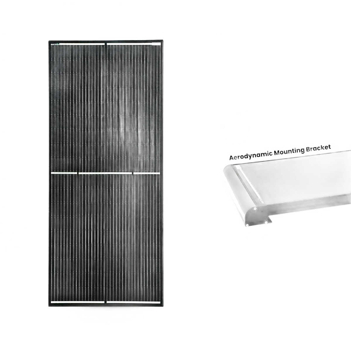 The 200W panel beside a cutaway of the aerodynamic mounting bracket, a curved black extrusion that closes the leading edge of the panel to the roof