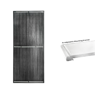 The 200W panel beside a cutaway of the aerodynamic mounting bracket, a curved black extrusion that closes the leading edge of the panel to the roof