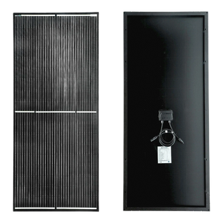Front and back of the 200W half-cut mono panel shown side by side, the cell face at the left and the black backsheet with junction box and label at the right