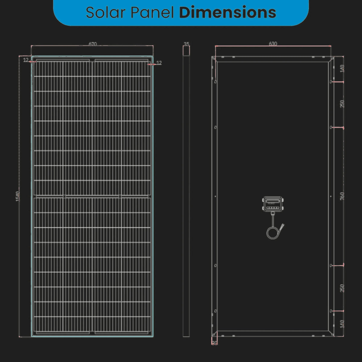 Dimension drawing of the solar panel: 1540mm tall by 670mm wide by 35mm thick, with the mounting holes on the back set 630mm apart across the frame and spaced 140mm, 250mm, 760mm, 250mm and 140mm down its length, and a 30mm end margin