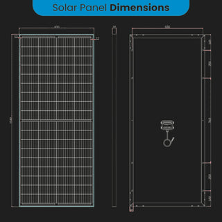 Dimension drawing of the solar panel: 1540mm tall by 670mm wide by 35mm thick, with the mounting holes on the back set 630mm apart across the frame and spaced 140mm, 250mm, 760mm, 250mm and 140mm down its length, and a 30mm end margin