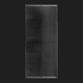 Front face of the high-voltage 200W half-cut mono panel in its 35mm black aluminium frame, the cells and busbars filling the glass