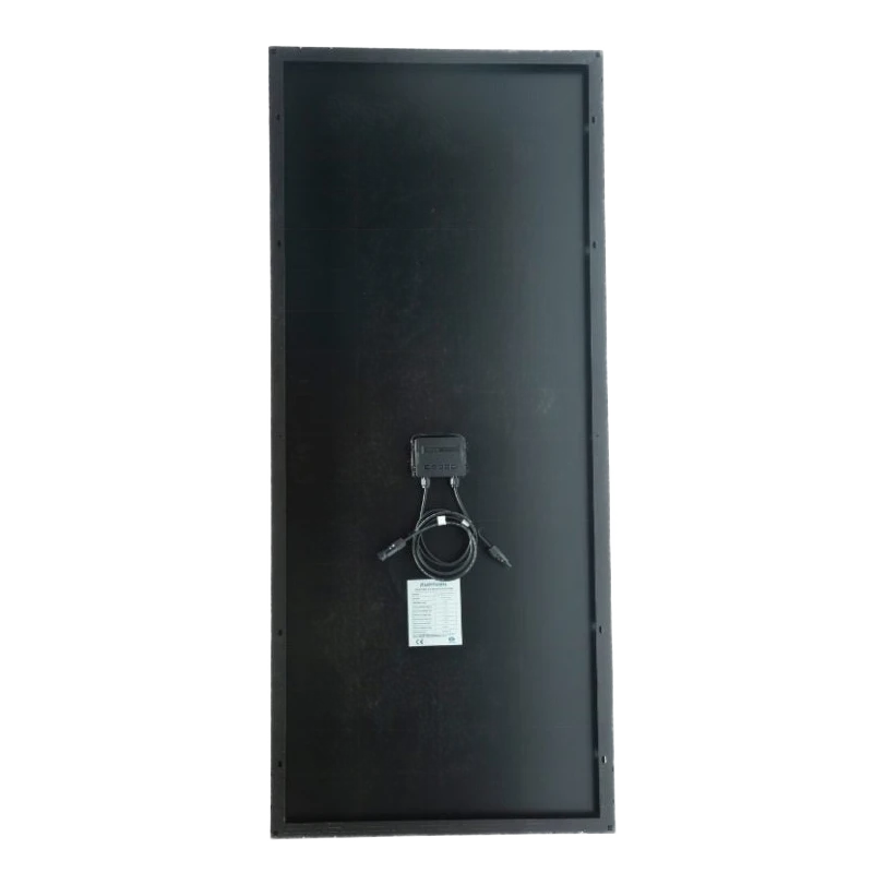 Back of the high-voltage 200W panel, black backsheet in a black frame with the junction box centred, its MC4 leads coiled beneath and the specification label below them