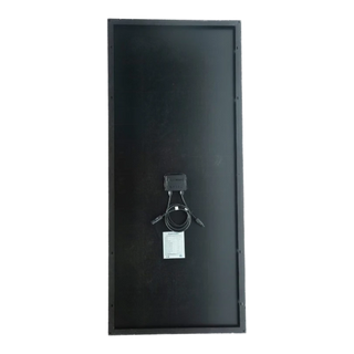 Back of the high-voltage 200W panel, black backsheet in a black frame with the junction box centred, its MC4 leads coiled beneath and the specification label below them