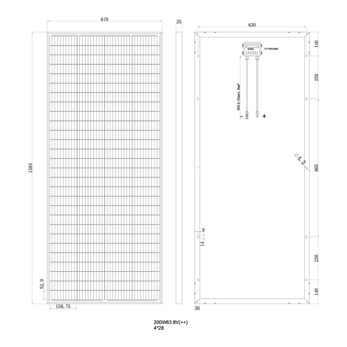 Dimension drawing of the high-voltage 200W panel: 1585mm tall by 670mm wide by 35mm thick, mounting holes 630mm apart across the frame with 140mm, 250mm, 805mm, 250mm and 140mm spacings down the back, a 900mm lead of 4.0 square millimetre cable from the junction box, cell size 158.75 by 52.9mm in a 4 by 28 layout, and 200W at 63.8V marked below