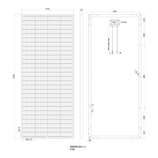 Dimension drawing of the high-voltage 200W panel: 1585mm tall by 670mm wide by 35mm thick, mounting holes 630mm apart across the frame with 140mm, 250mm, 805mm, 250mm and 140mm spacings down the back, a 900mm lead of 4.0 square millimetre cable from the junction box, cell size 158.75 by 52.9mm in a 4 by 28 layout, and 200W at 63.8V marked below