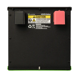 Black battery pack with warning label on a white background