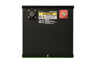 Rear face of a Custom Lithium LiFePO4 battery in a black aluminium enclosure, with a threaded negative terminal at the left, a red-shrouded positive at the right, and the caution label warning that lithium batteries are inside