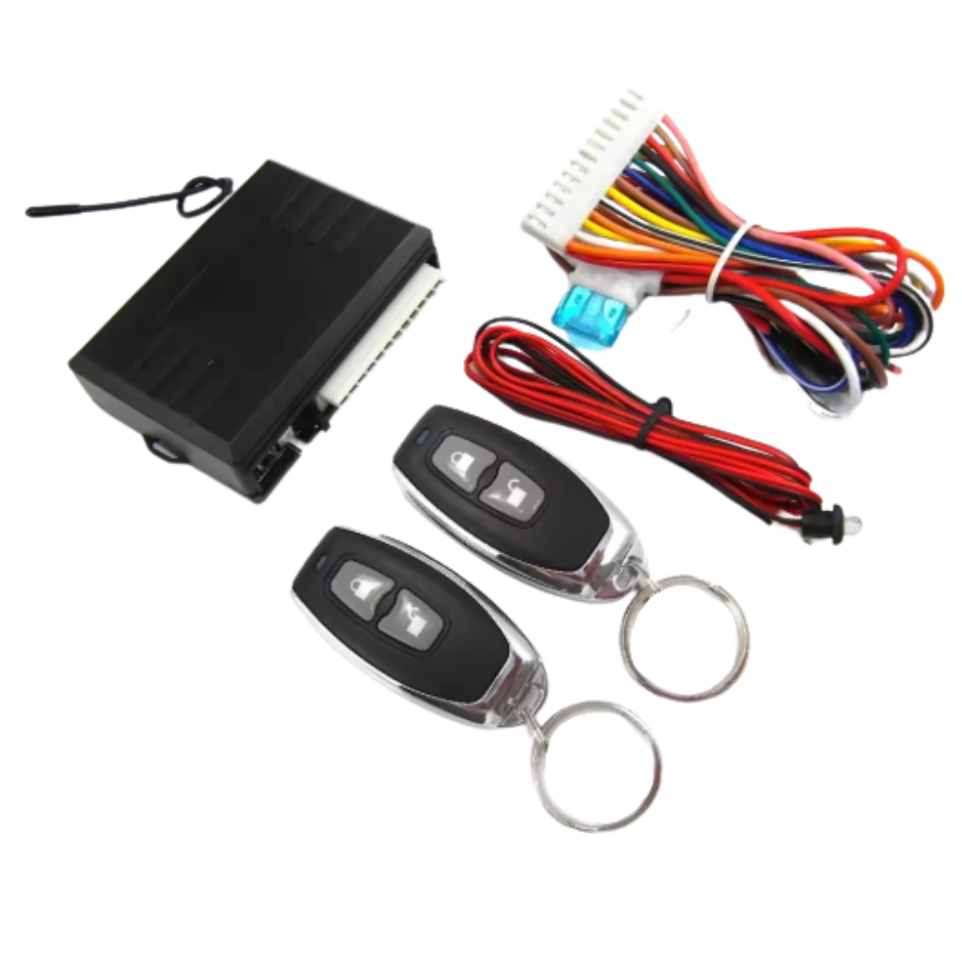 Car alarm system with control panel, remote controls, and wiring on a white background