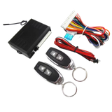 Car alarm system with control panel, remote controls, and wiring on a white background