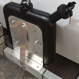 Fuel tank with metal bracket attached to a vehicle frame against a white background