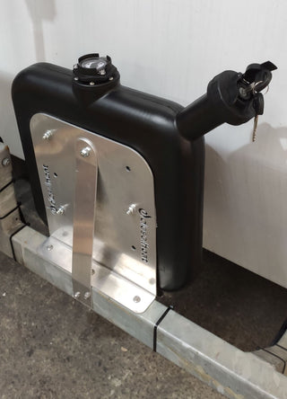 Fuel tank with metal bracket attached to a vehicle frame against a white background