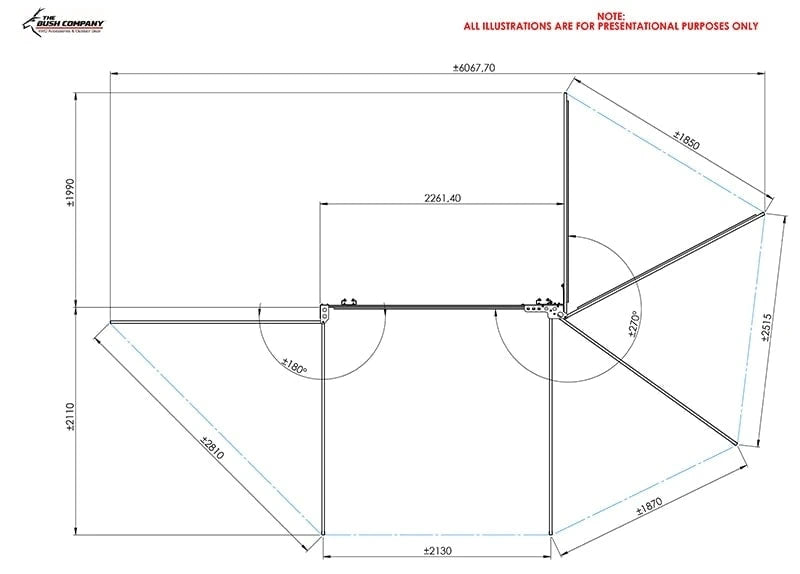 Technical drawing of the Bush Company 270 XT MAX Awning Mk2 with dimensions