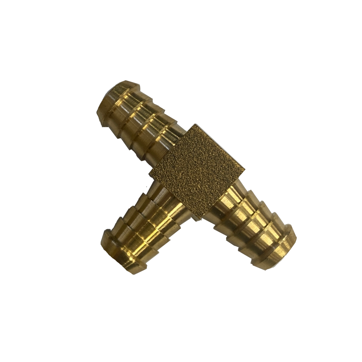 Brass barbed tee, three ribbed hose tails meeting at a square centre block