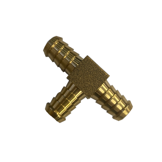 Brass barbed tee, three ribbed hose tails meeting at a square centre block