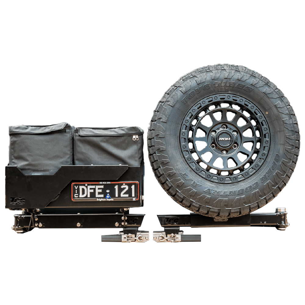 Tire carrier with tire and storage bag on a white background