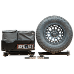 Tire carrier with tire and storage bag on a white background