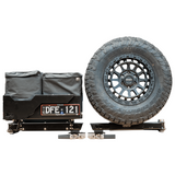 Tire carrier with tire and storage bag on a white background