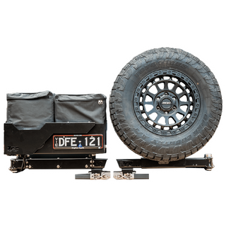 Tire carrier with tire and storage bag on a white background