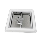 Square white vent with a mesh cover on a white background