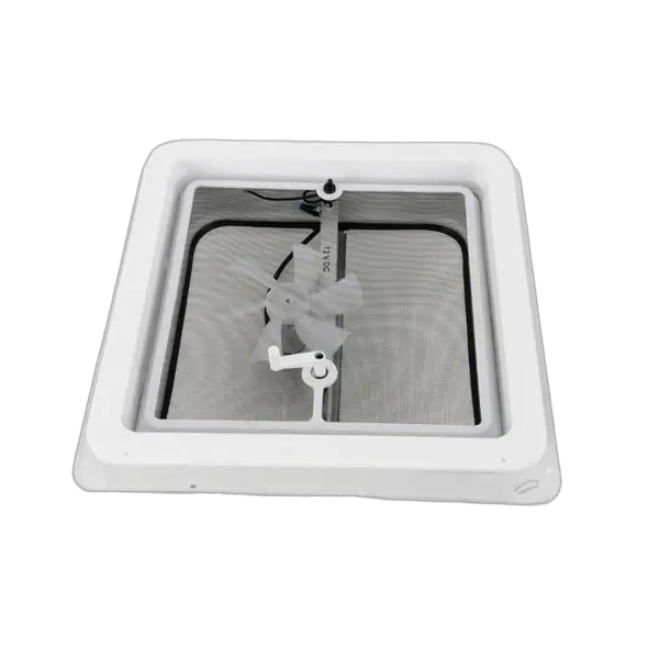 Square white vent with a mesh cover on a white background