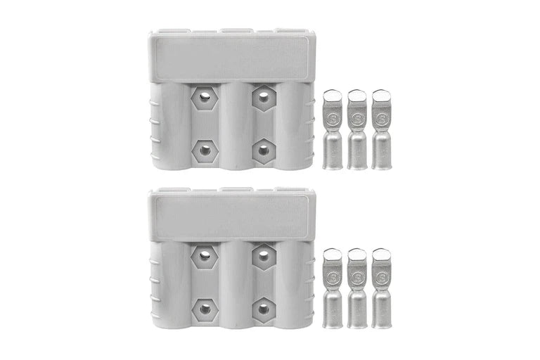 Two grey SB50 Anderson connector housings shown one above the other, each with four terminal cavities, and three silver contacts laid out beside each housing