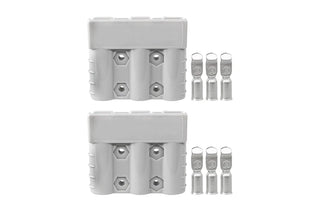 Two grey SB50 Anderson connector housings shown one above the other, each with four terminal cavities, and three silver contacts laid out beside each housing
