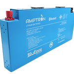 A blue lithium iron phosphate (LiFePO4) blade battery with red and black connectors, labeled with the brand Amptron and the model number AT-LFP-12-105-BTC-HV10.