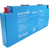 A blue lithium iron phosphate (LiFePO4) blade battery with red and black connectors, labeled with the brand Amptron and the model number AT-LFP-12-105-BTC-HV10.