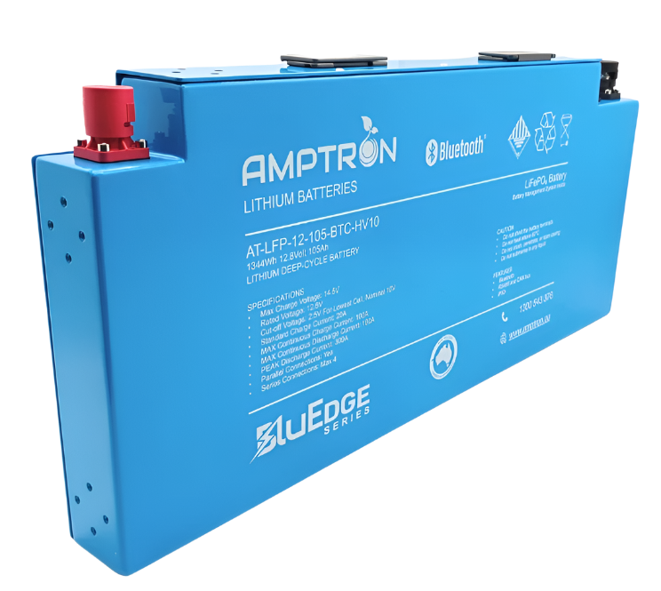 A blue lithium iron phosphate (LiFePO4) blade battery with red and black connectors, labeled with the brand Amptron and the model number AT-LFP-12-105-BTC-HV10.