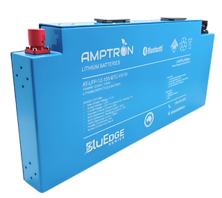 A blue lithium iron phosphate (LiFePO4) blade battery with red and black connectors, labeled with the brand Amptron and the model number AT-LFP-12-105-BTC-HV10.
