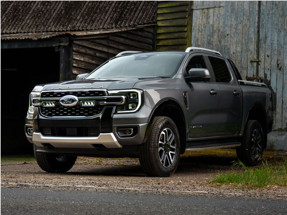 Gray Ford truck parked in front of a rustic building with Lazer Lamps Grille Kit for Ford Ranger Platinum (2023+)