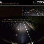 High-performance lighting system demonstration on a dark road with 'Lazer' branding.