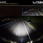 High-performance lighting system demonstration on a dark road with 'Lazer' branding.