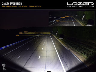 Night road photograph taken with a pair of ST4 Evolution lamps, 8,272 raw lumens, 1 lux at 393m, e-mark reference 2x10, with distance markers overlaid on the carriageway to 300m