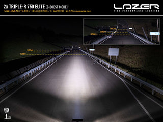 Night road photograph taken with a pair of Triple-R 750 Elite in e-Boost mode, 10,136 raw lumens, 1 lux at 679m. Distance markers overlaid on the road show light reaching past 200m in the main frame and past 500m in the inset