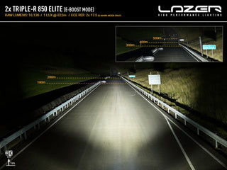 Night road photograph taken with a pair of Triple-R 850 Elite in e-Boost mode, 16,136 raw lumens, 1 lux at 822m. Distance markers show light past 200m in the main frame and past 500m in the inset