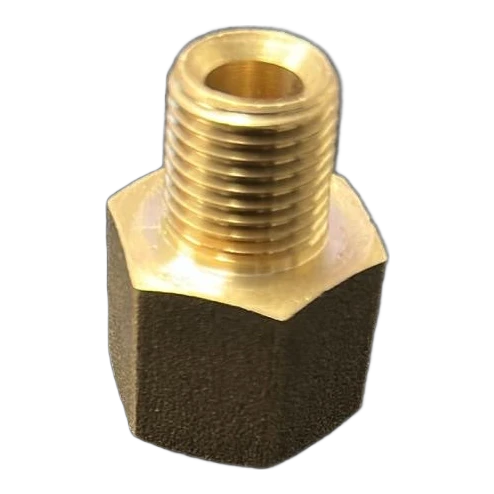 Brass adaptor with a 3/8 inch male thread rising from a hexagon body that carries a 1/4 inch BSP female socket