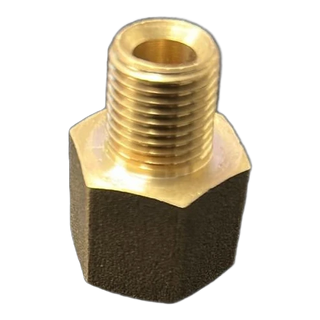 Brass adaptor with a 3/8 inch male thread rising from a hexagon body that carries a 1/4 inch BSP female socket