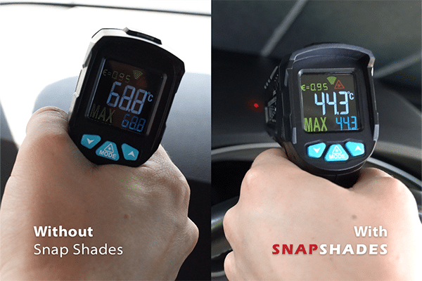 Comparison of a digital thermometer held by a hand with and without Snap Shades in a car interior.